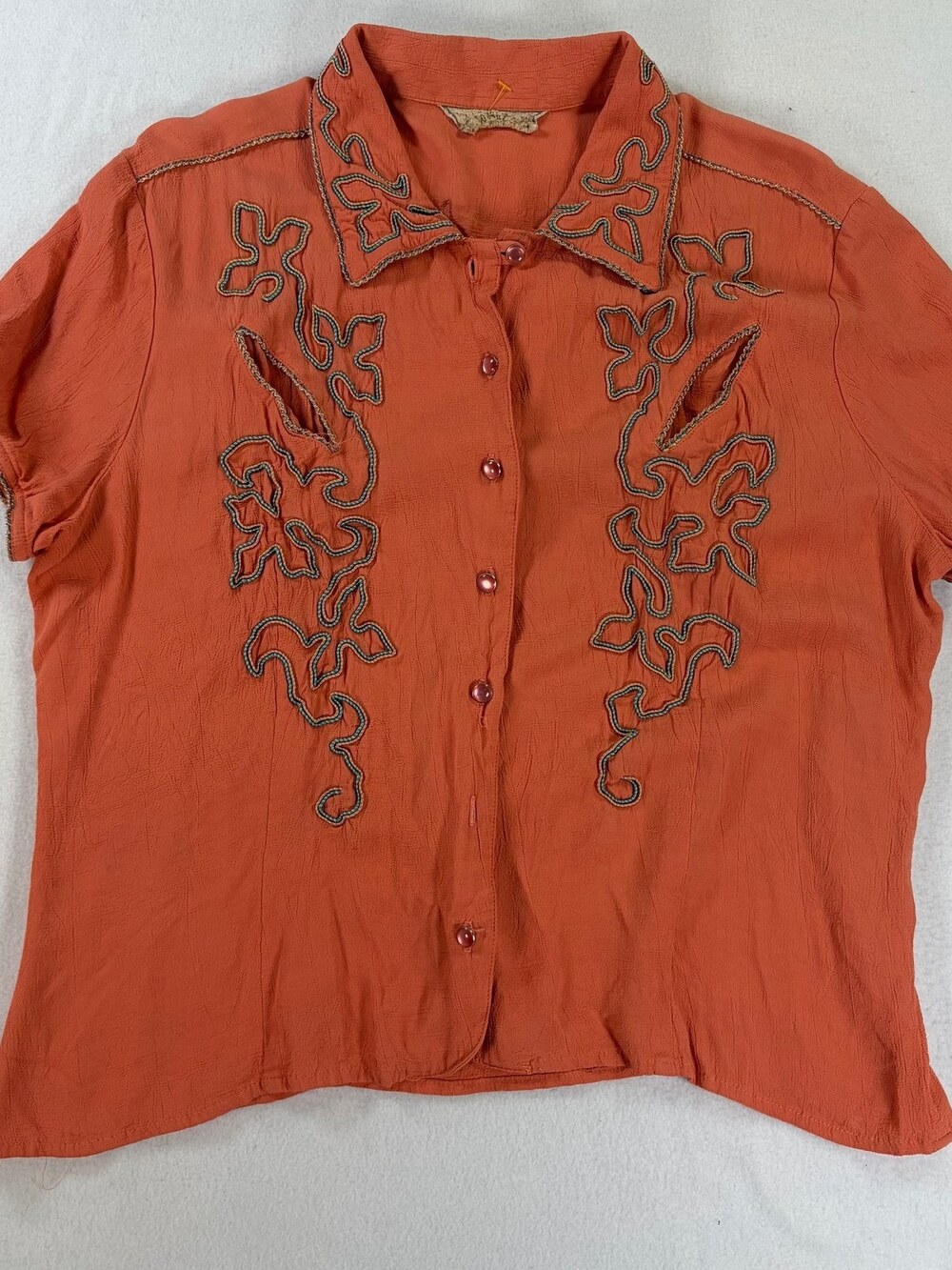 Vintage Double D Button-Down Shirt Rayon Embroidered Orange Womens Small
